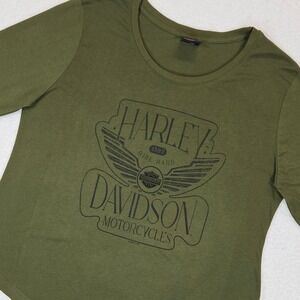 Harley-Davidson XL Graphic Tee Olive Green Black Bear Virginia Biker Long Sleeve